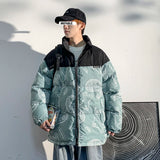 Men Japanese Streetwear Puffer Jackets 2023 Winter Mens Full Print Fashions Bubble Coat Couple Patchwork Thick Parkas