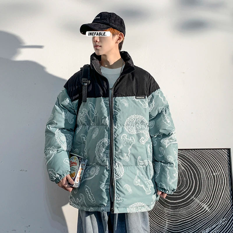 Men Japanese Streetwear Puffer Jackets 2023 Winter Mens Full Print Fashions Bubble Coat Couple Patchwork Thick Parkas