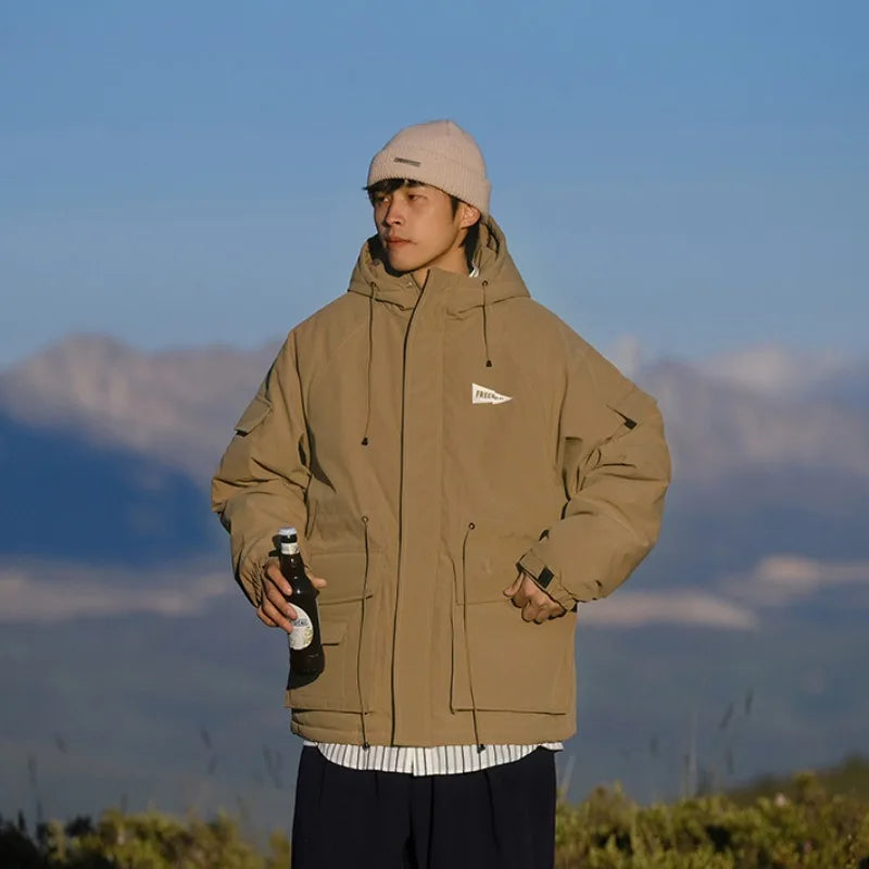 Outdoor Multi Pocket Thicken Man Jacket Winter Retro Warm Camping Cotton-padded Clothes Casual Print Loose Hooded Fashion Coat