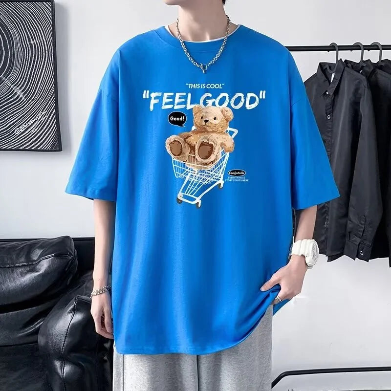 Anime Graphic tee – Funny Feel Good Bear Print Tops Man Casual Oversize T Shirt