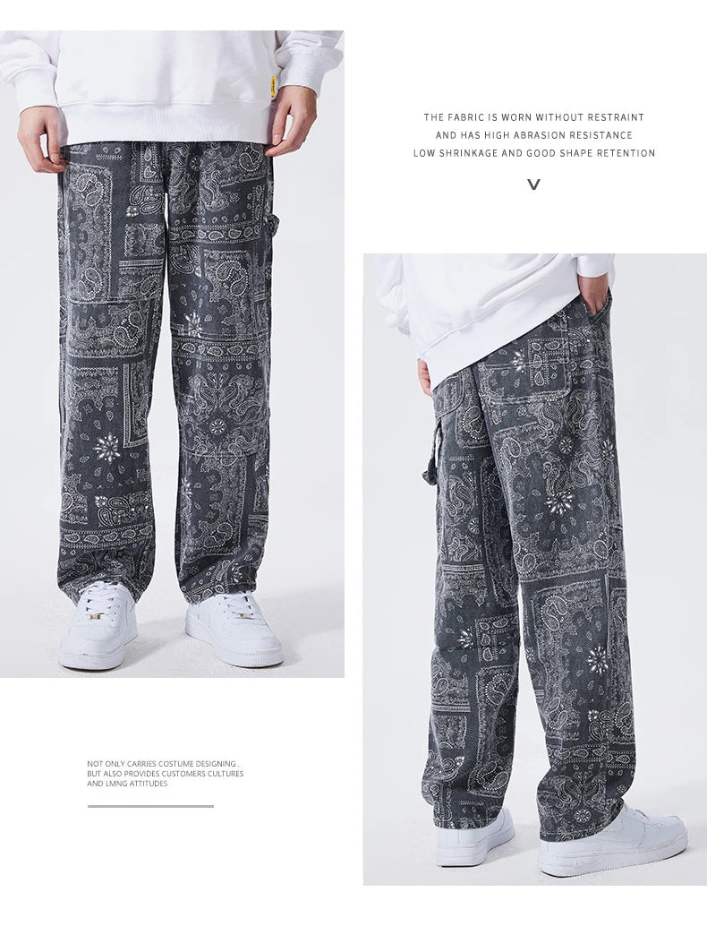 mens hip hop straight denim jeans pants fashion zipper paisley jeans streetwear casual loose trousers pants joggers baggy jeans unique joggers style 2806
