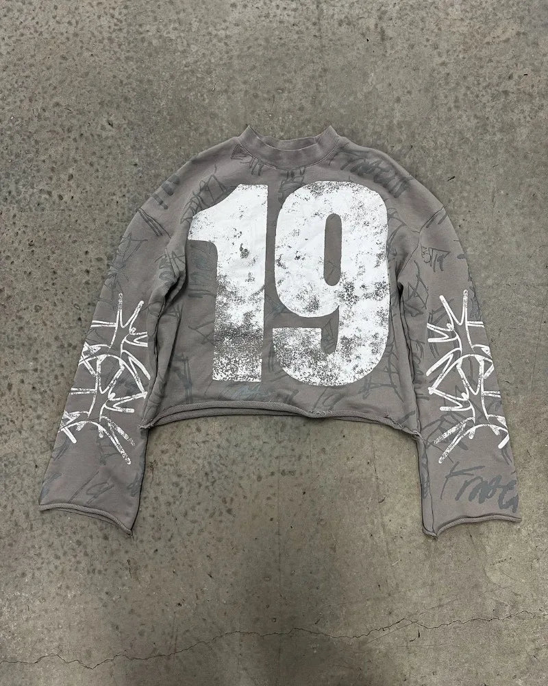 High Street Fashion Distressed Long-sleeved Pullover Men Y2k Harajuku Retro Hip-hop Rock Graffiti Style Oversized T-shirt Women