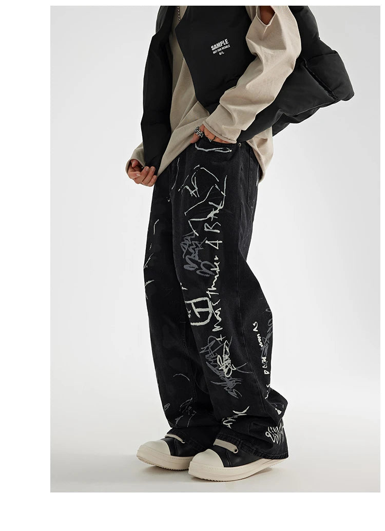 fashion graffiti printed denim jeans men unisex casual zipper wide legs straight jeans streetwear hip hop baggy pants joggers unique joggers style 5099