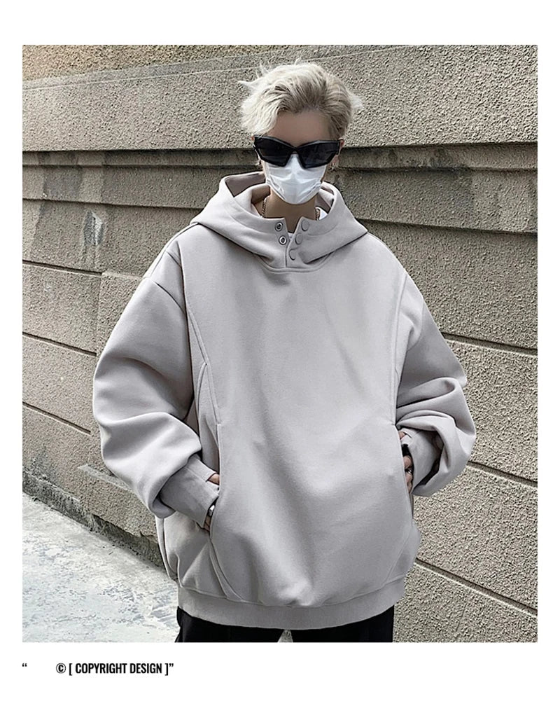 New Retro Button Neck Hooded Sweatshirts For Men Autumn Fleece Y2K Vintage Hoodies Hip Hop Fashion Streetwear Pullover Hoodie