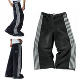 gothic embroidered wide leg denim pants high street streetwear harajuku retro hip hop mens jeans y2k black striped baggy jeans unique jeans style 2607