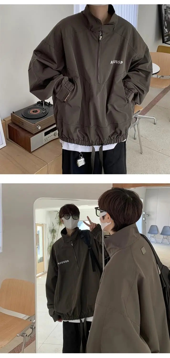 Mens Coat Spring And Autumn Stand Up Collar Half Zipper Oversize High