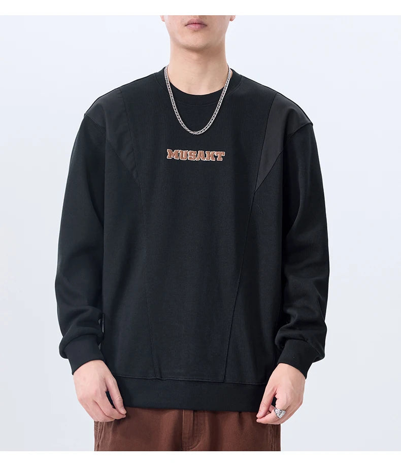 Men Handsome Splice Embroidery Fashion Loose Casual Pullover Sweatshir