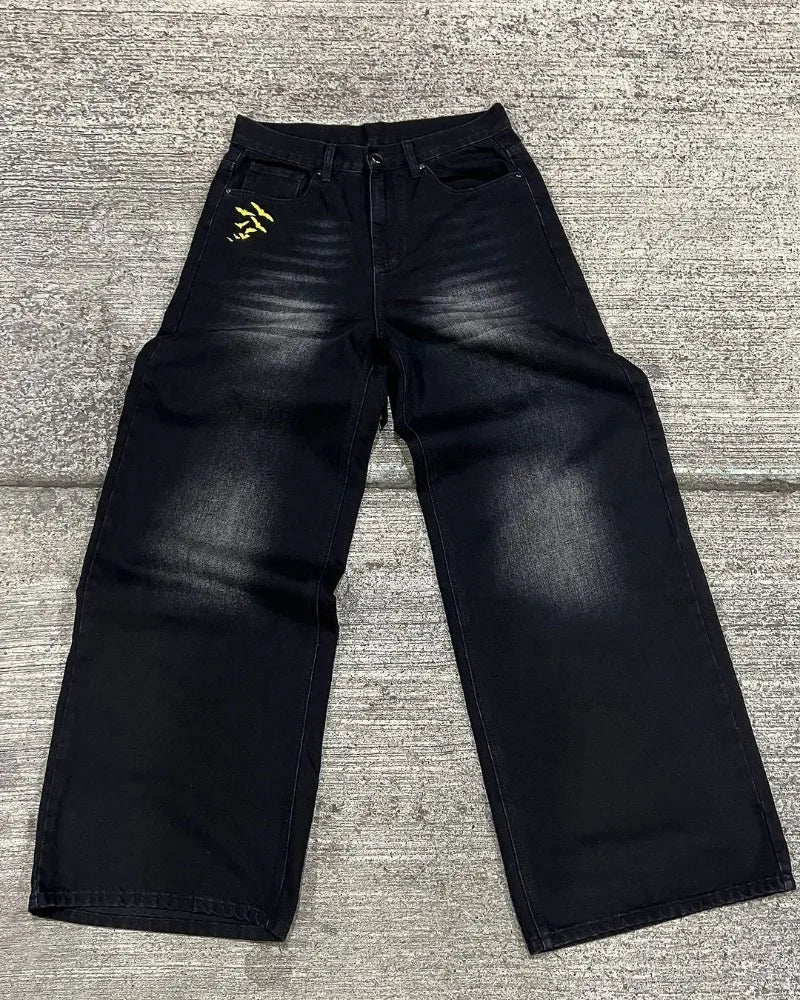american style baggy oversized jeans y2k harajuku retro hip hop streetwear gothic bat pattern casual straight wide leg pants men unique jeans style 2728
