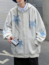 Mens Star Patch Zip Up Hoodie For Men Oversized Y2K Sweatshirt Jacket