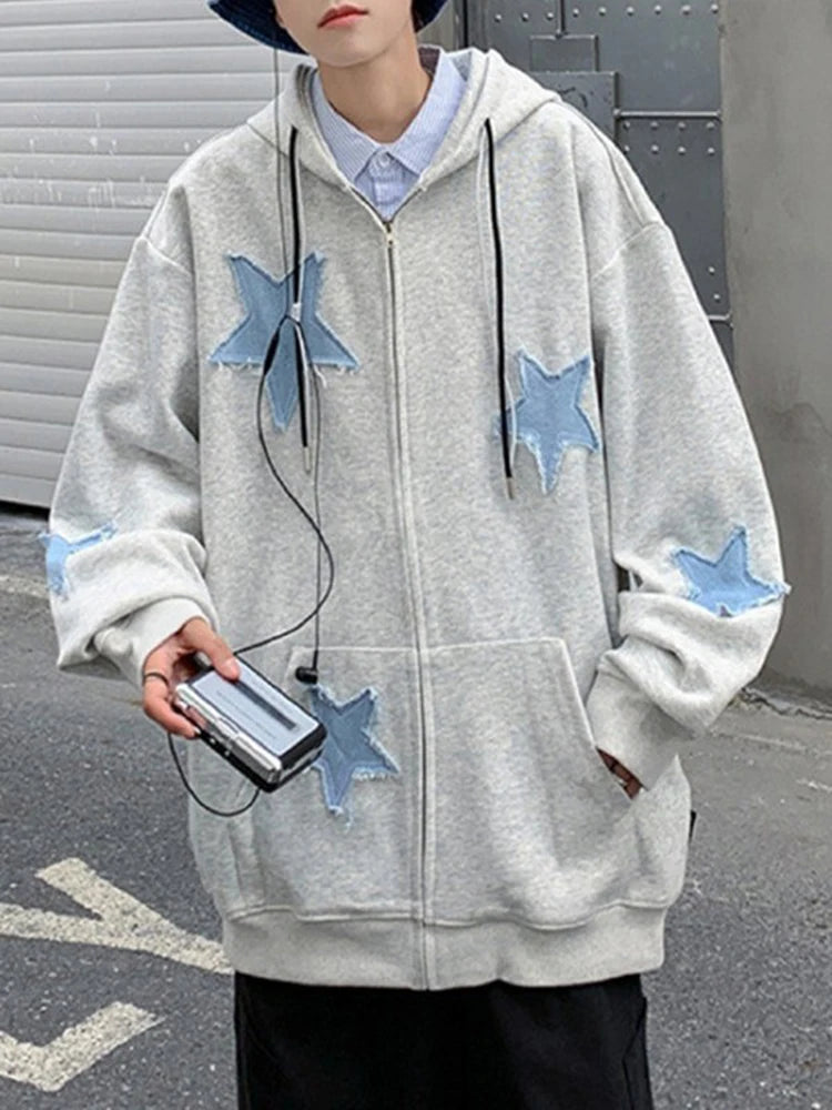Mens Star Patch Zip Up Hoodie For Men Oversized Y2K Sweatshirt Jacket