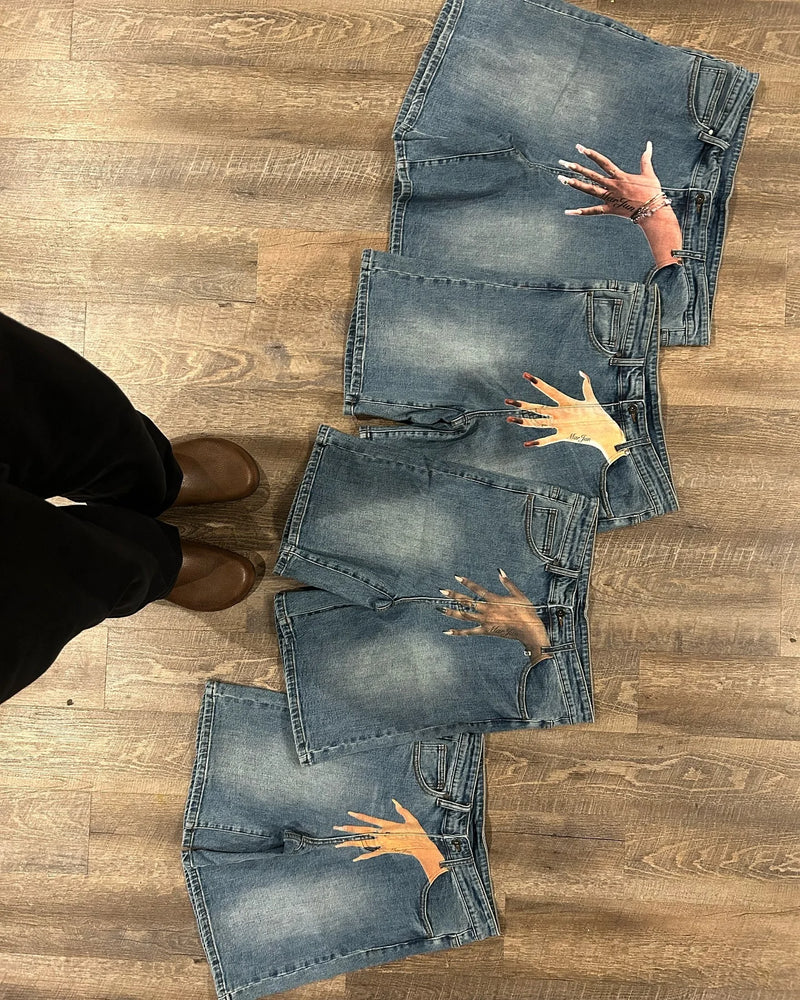 retro trendy pattern letter print oversized jeans shorts womens y2k fashion harajuku loose high waisted sweatpants couple style unique joggers style 1815