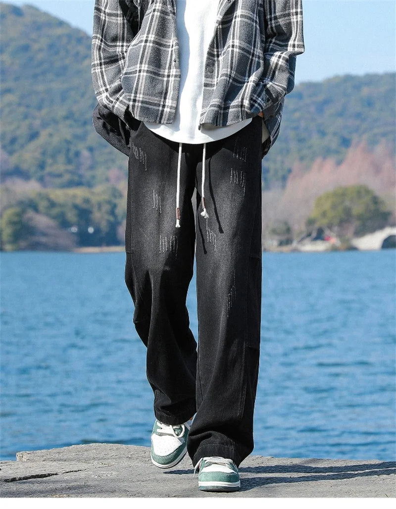 american distressed straight drawstring jeans for men high street baggy patchwork denim pants 2024 new hip hop fashion y2k jean unique jeans style 3378