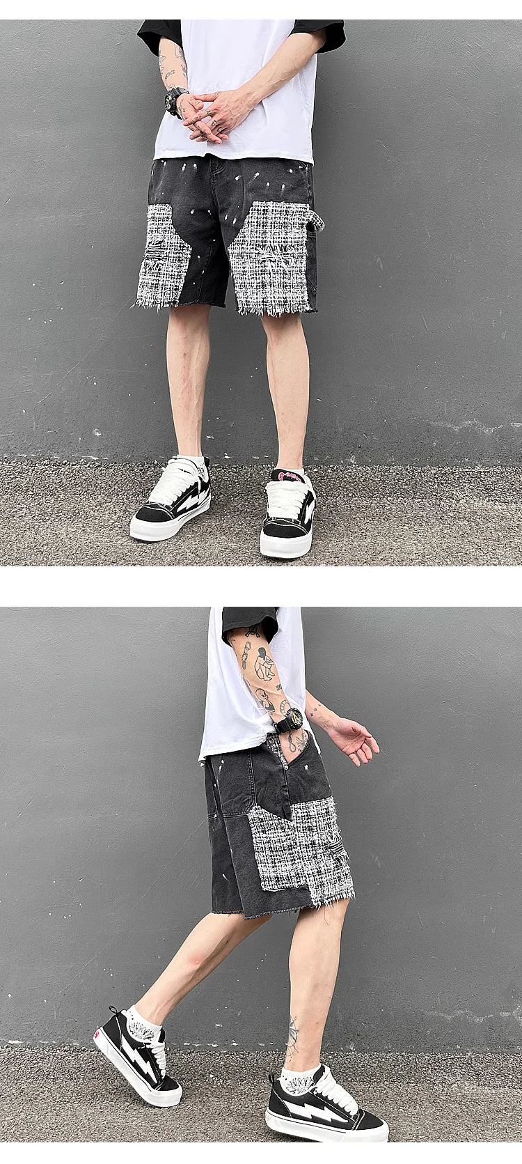 ripped holes patchwork denim jeans shorts mens high street straight short jeans hip hop streetwear casual short joggers pants unique joggers style 734