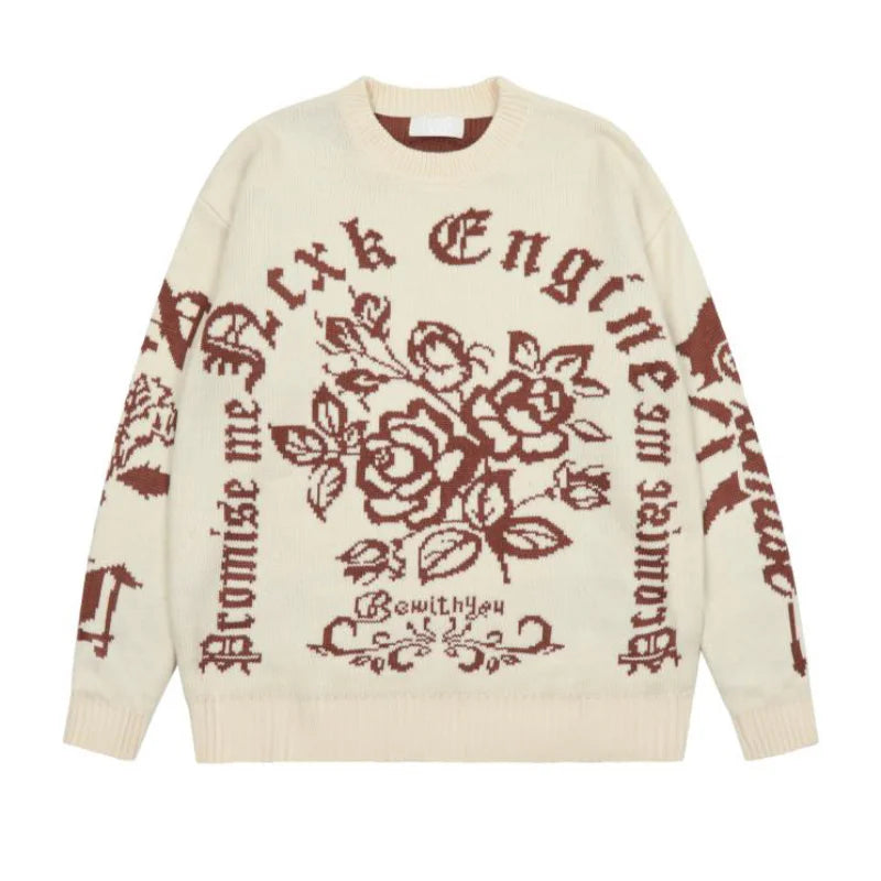 hip hop knitted pullover, bold design pullover, cozy fashion fit, stylish street outfit, modern aesthetic appeal