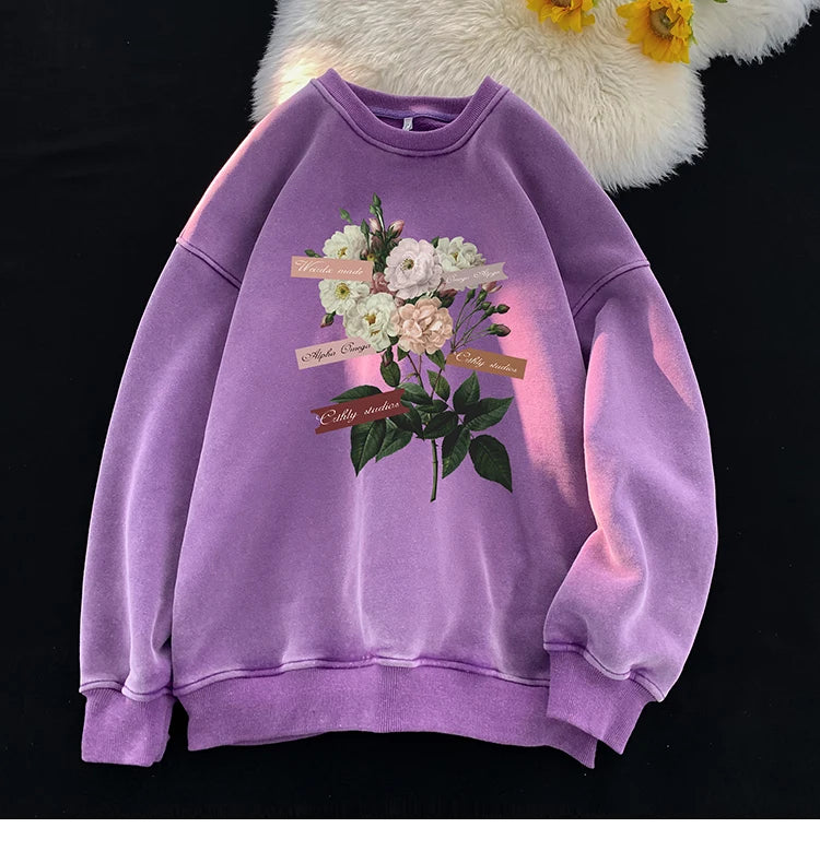 Vintage Floral Graphic Men Sweatshirt Spring Autumn Gothic Round Neck Pullover Hip Hop Streetwear Y2k Sweatshirts