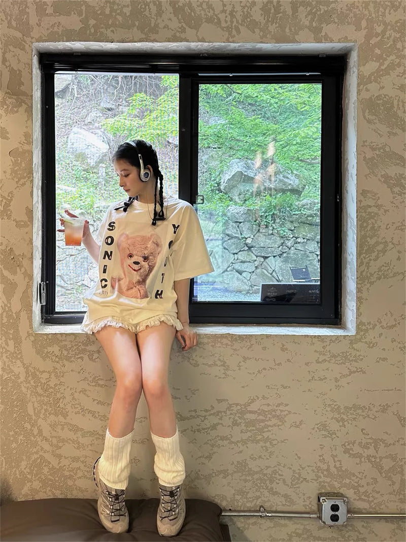 grunge aesthetic print tee featuring vintage summer pink rock bear cartoon distressed cotton casual t shirt tops