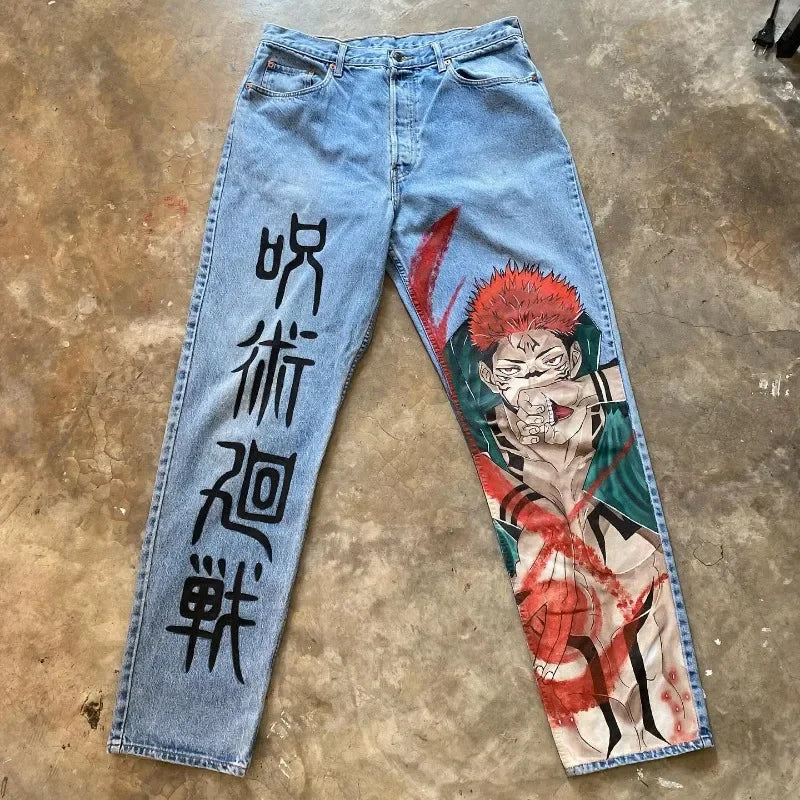 y2k baggy jeans harajuku print pattern streetwear fashion hip hop men women high waisted casual wide leg jeans anime clothes unique jeans style 4345