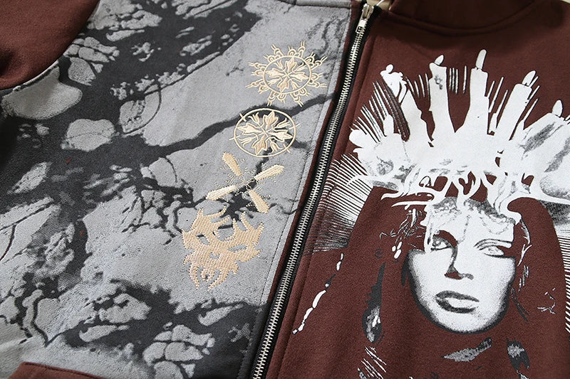 cyberpunk tribal flames featuring 2023 high street mysterious queen rose embroidery zip hoodie loose relaxed hoody mens and womens speckle ink hoodies hip hop