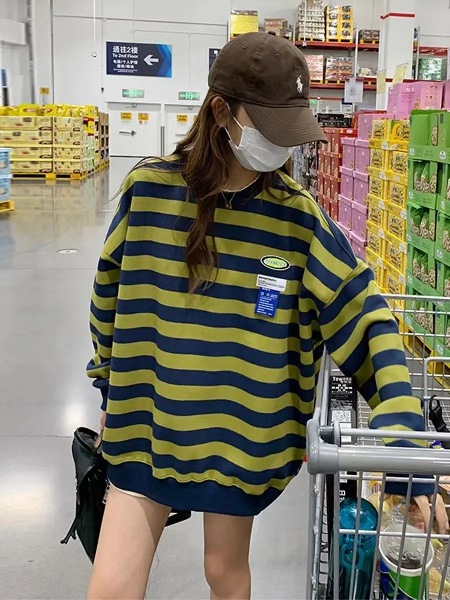 Original Korean New Style Loose Striped Sweatshirt American Harajuku C