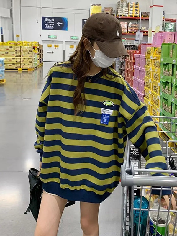 Original Korean New Style Loose Striped Sweatshirt American Harajuku C