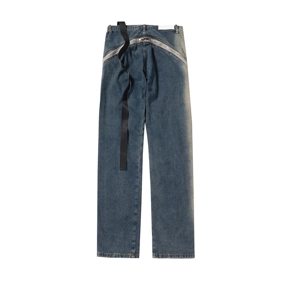 Ro Style Gradient Blue Horn Stacked Floor Dragging Jeans Unisex Streetwear Baggy Y2K Ribbons Zipper Denim Trousers Oversized