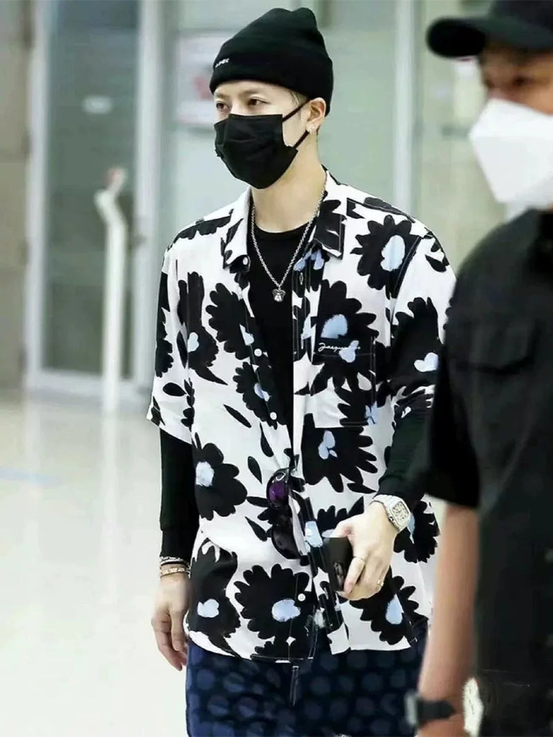 Summer 24SS Vintage Retro Black Flower Direct Print High-Street Casual Beach Style Quality Cold Short Sleeve Shirt