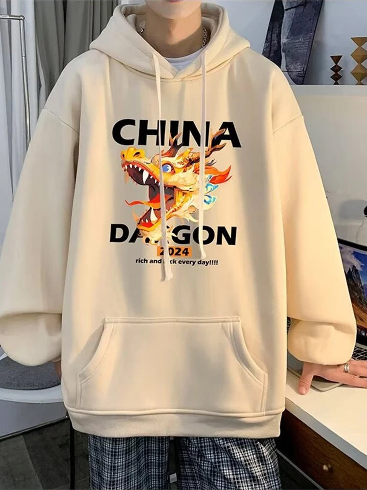 2024 New China Dragon Graphic Hoodies Men Hip Hop Streetwear Hoodie