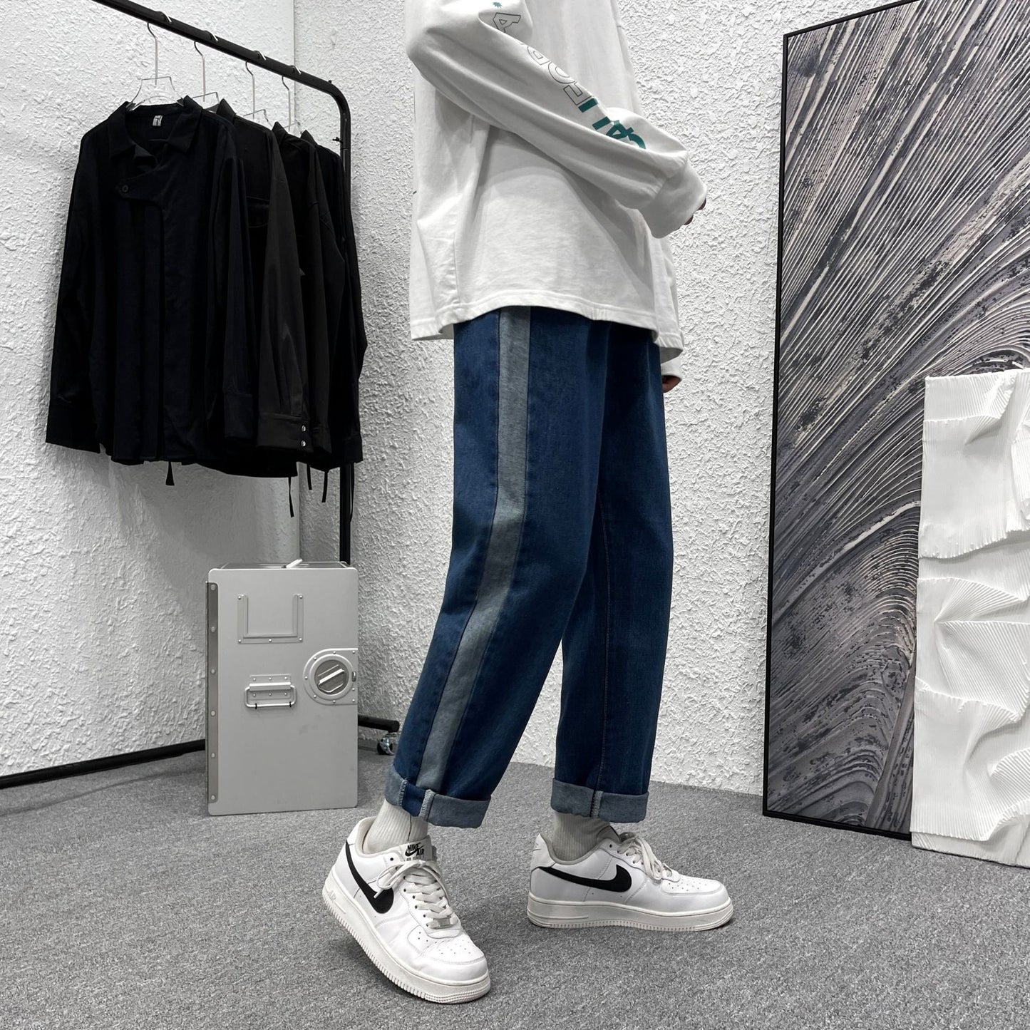 2023 summer new fashion straight jeans mens loose all match casual pants all match boutique clothing simple style unique jeans style 3863
