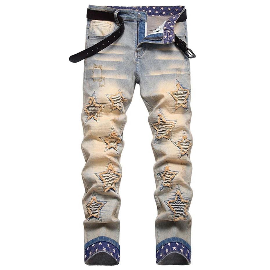 star splicing men jeans vintage blue straight denim pants y2k streetwear man fashion jeans trousers vintage washed jeans
