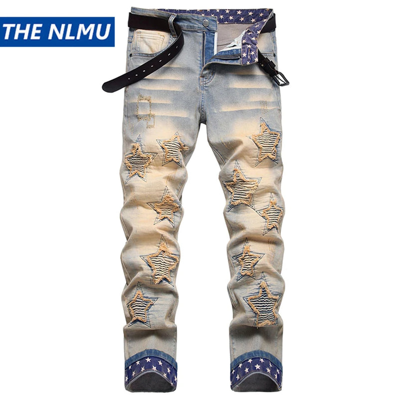 star splicing men jeans vintage blue straight denim pants y2k streetwear man fashion jeans trousers vintage washed jeans