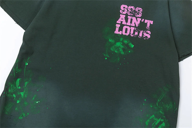 SSSAINT LOUIS Vintage Retro Distressed Logo Letter Print Round Neck Washed Worn High-Street Loose Tops T shirt Tee