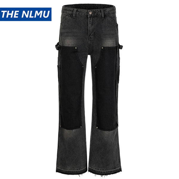 Vintage Black Jeans Men Color Block Patchwork Hi Street Jeans Luxury Designer Streetwear Jeans Trousers for Male