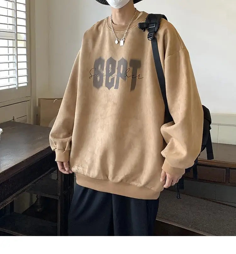 Suede Korean Trendy Round Neck Sweatshirt for Men American Retro Print Trendy Brand Autumn Loose Couple Wear Jacket Tops