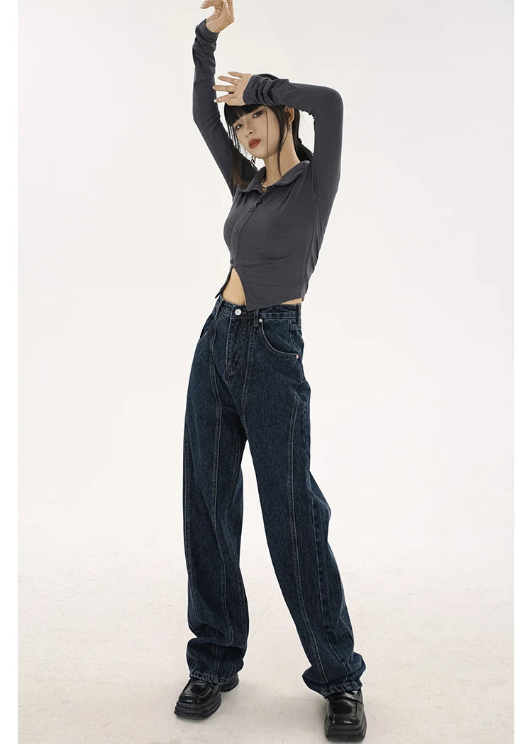 navy blue vintage jeans womans high waist summer wide leg denim trouser baggy streetwear chic design ladies straight jean pants unique jeans style 2874