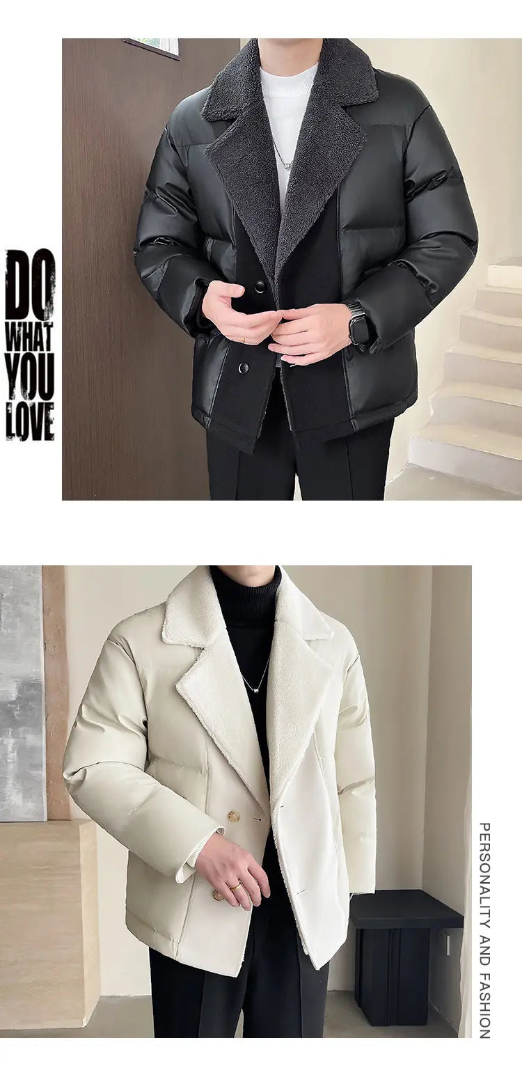 Men Winter Faux Fur Collar Splice Leather Business Casual Cotton-padded Jacket Streetwear Fashion Loose Leather Parka Coat