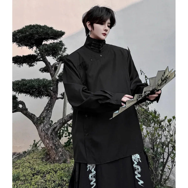 Casual Y2K Collared Shirt – Chinese Vintage Buttons Stand Collar Shirts Men Streetwear Fashion Loose Casual Long Sleeve Shirts Blouses Women Stage Clothing | Button Shirt Drop #798