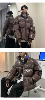 Winter Jacket Men Parkas Thicken Warm Coat Stand Collar Oversize Parkas Bright Leather Fabric Jacket Korean Style Padded Coat