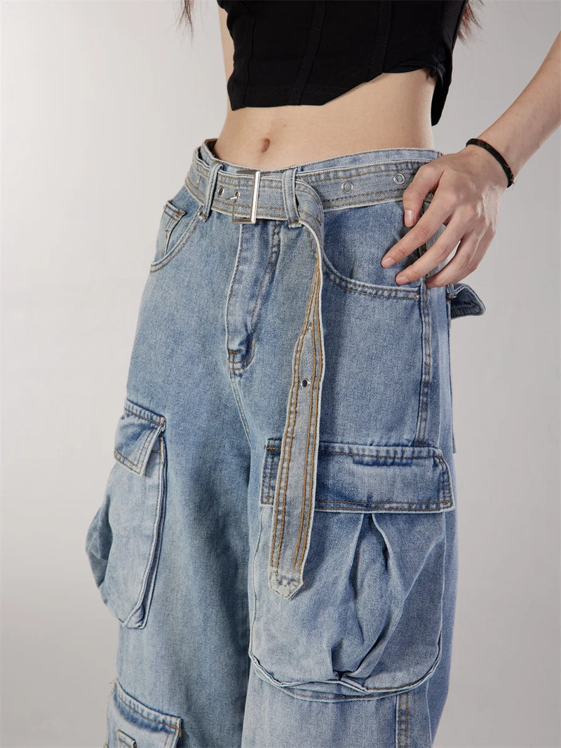fashion loose streetwear cargo denim jeans unisex casual multi pocket straight jean pants with belt hip hop joggers baggy jeans unique joggers style 3706