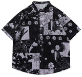 Men Hawaiian Shirt Retro Floral Print Short Sleeve Blouse Hong Kong Style Summer Beach Vacation Tops Casual Loose Shirt Black