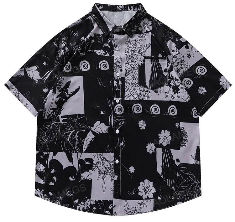 Men Hawaiian Shirt Retro Floral Print Short Sleeve Blouse Hong Kong Style Summer Beach Vacation Tops Casual Loose Shirt Black
