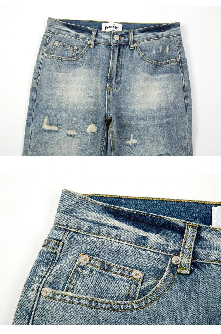 original tie dyed ripped flared denim jean for men streetwear washed hole casual stacked jeans pants mens slim fit jeans 2023 unique jeans style 3753