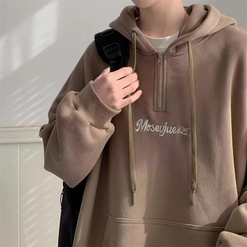 Autumn Letter Printed Half Zipper Hoodies For Men Y2K Streetwear Loose Hooded Sweatshirts New Vintage Fashion Pullover Hoody