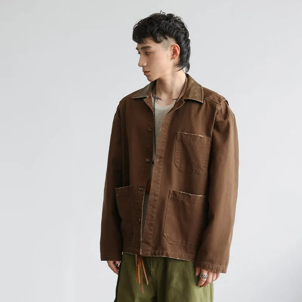 Men American Vintage Fashion Loose Casual Outdoor Long Sleeve Shirt Style Coat Japanese Streetwear Plus Size Cargo Shirt Jacket