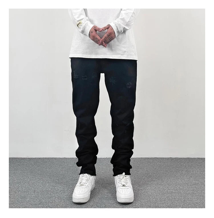 original tie dyed ripped flared denim jean for men streetwear washed hole casual stacked jeans pants mens slim fit jeans 2023 unique jeans style 3728