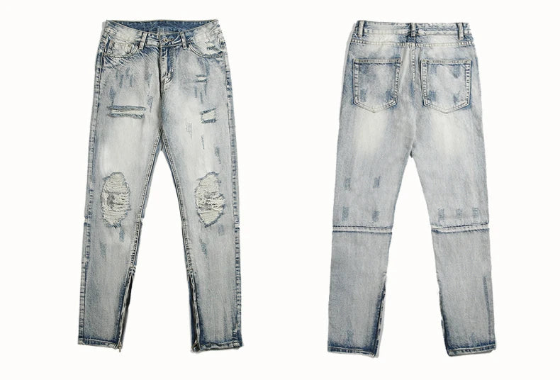 bottom zipper destroyed washed jeans skinny jeans ripped holes trousers men biker jeans fashion streetwear hip hop pants joggers unique joggers style 3019