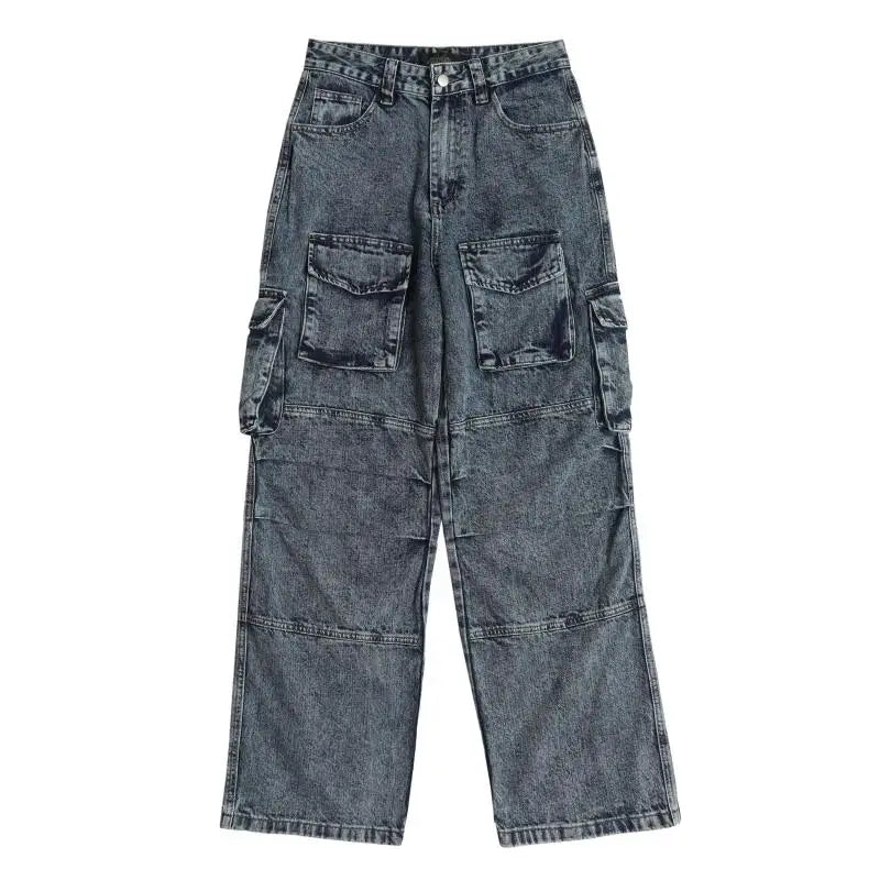 fashion loose streetwear cargo denim jeans unisex casual multi pocket wide legs jean pants hip hop joggers mens baggy jeans unique joggers style 2973