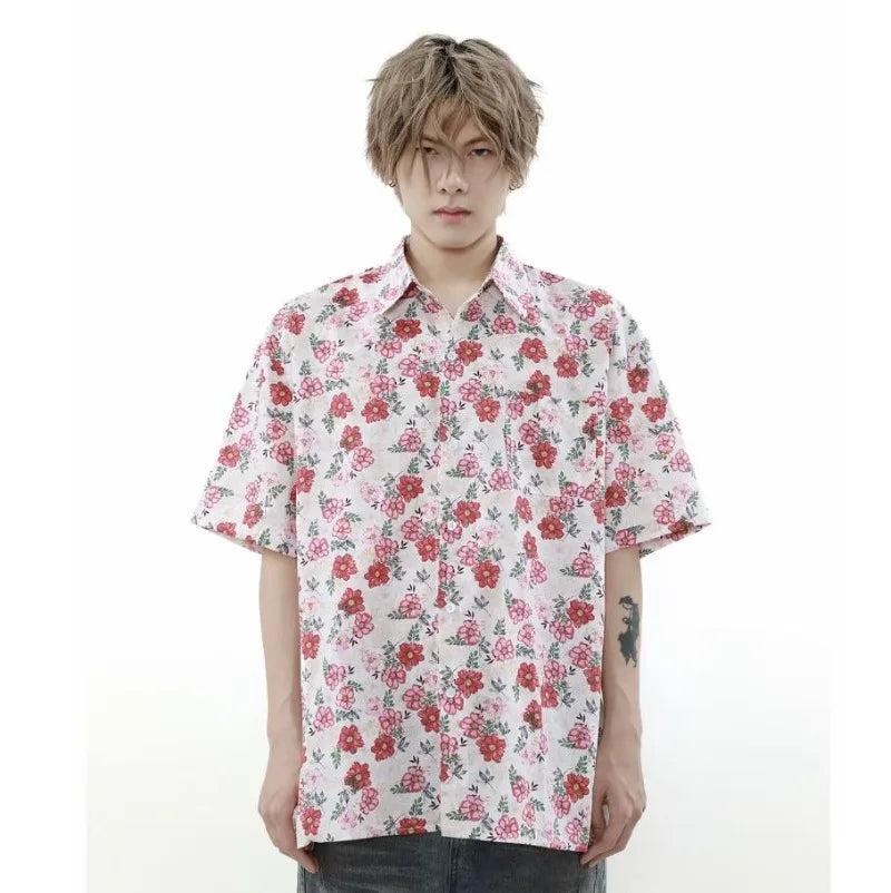 summer harajuku set mens flower print casual short sleeved top gradient straight leg jeans 2 pcs set high street trendy suit unique jeans style 4784