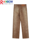rainbowtouches men washed jeans vintage high street khaki gradient fashion trends jeans loose straight long pant casual pants ripped baggy denim