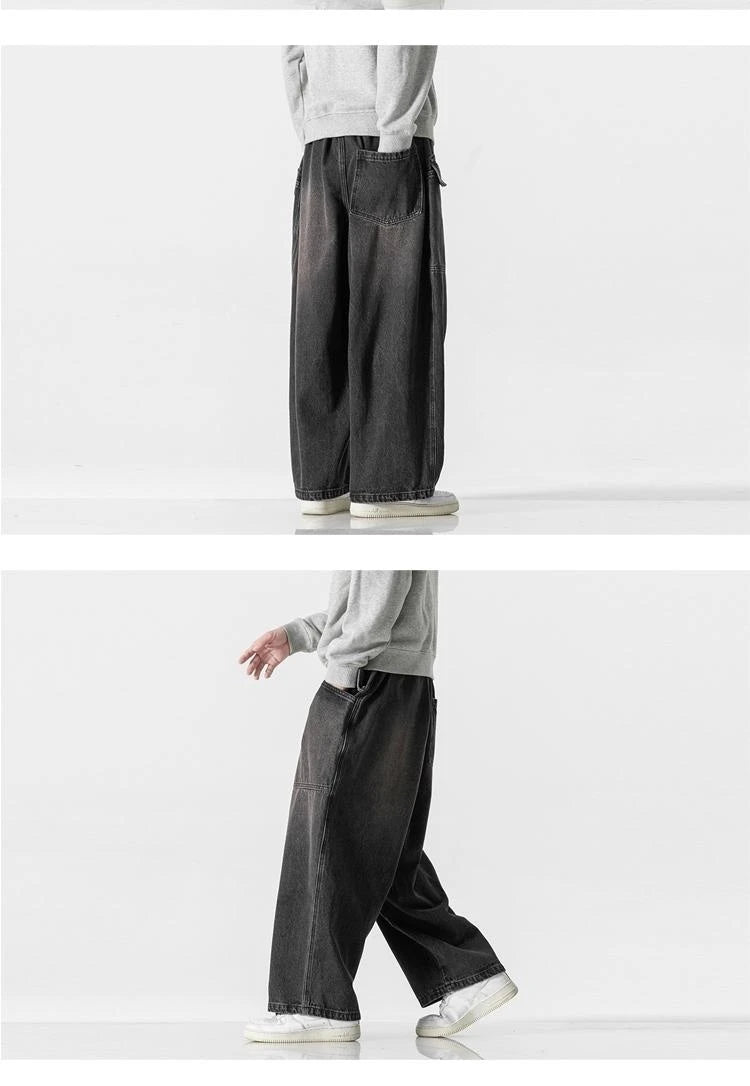 large size jeans basic denim pants solid color mens casual wide leg pants waist elastic hip hop baggy man trousers unique jeans style 383