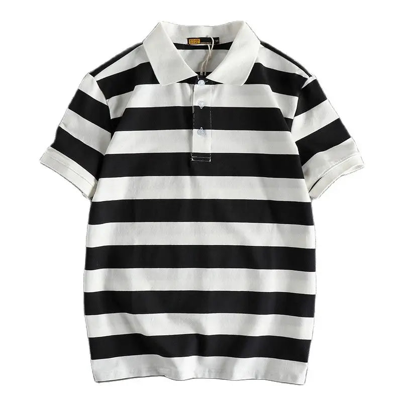 Trapwear Graphic tee – Summer Striped Polo T Shirt Mens New Retro Trend Washed Elas